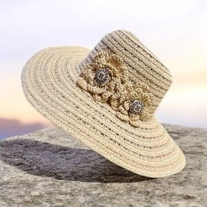 Jaclyn Smith‎ Straw Sun Hat Tan Wide Brim Floral Celestial Sun Buttons OSFM